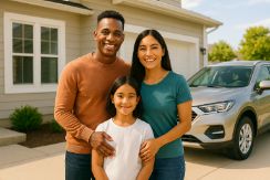 Happy family standing by their house and car