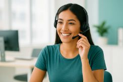 Customer support agent talking to a client on the phone